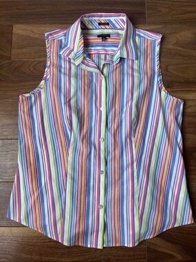 Talbots Sleeveless Button-Down Top in Blue, Pink, Green, Yellow Stripes Summer